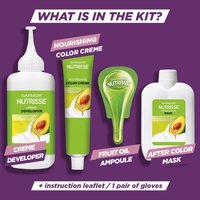 Contents of the Garnier Nutrisse Ultra Color kit: creme developer, nourishing color creme, fruit oil ampoule, and after-color mask.
