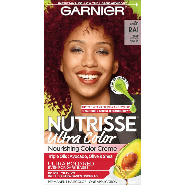 Garnier Nutrisse Ultra Color Nourishing Color Creme in Deep Intense Auburn (RA1) featuring a woman with vibrant auburn red hair.