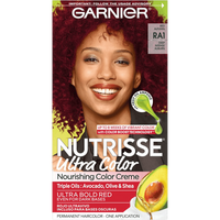 Garnier Nutrisse Ultra Color Nourishing Color Creme in Deep Intense Auburn (RA1) featuring a woman with vibrant auburn red hair.
