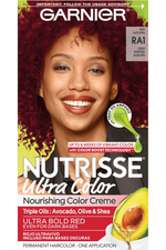 Garnier Nutrisse Ultra Color Nourishing Color Creme in Deep Intense Auburn (RA1) featuring a woman with vibrant auburn red hair.