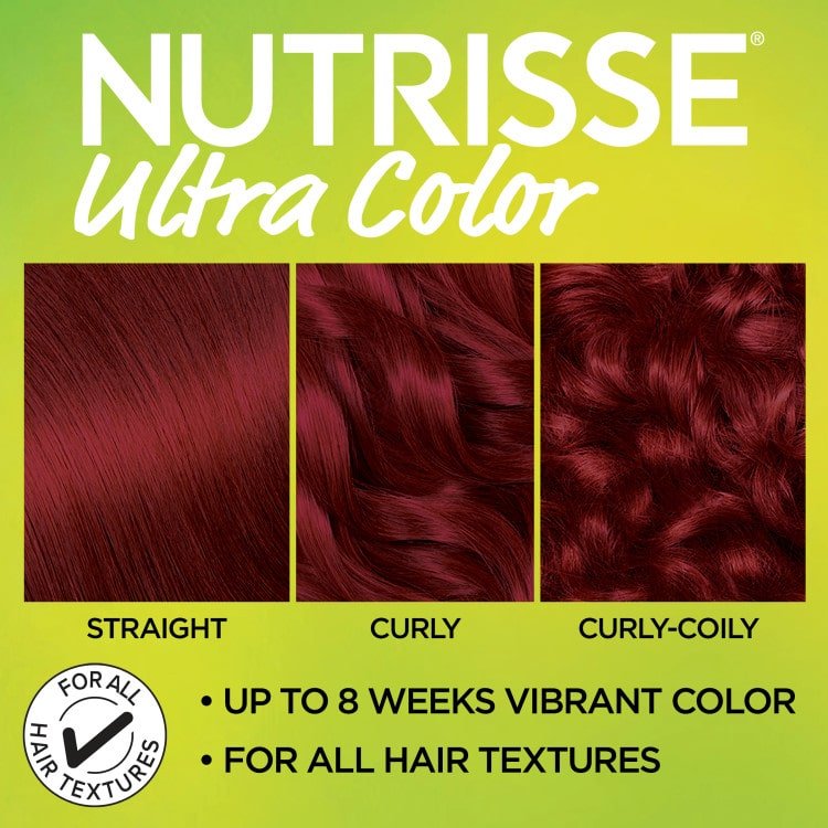 Garnier Nutrisse Ultra Color results on straight, curly, and curly-coily hair textures, showcasing the vibrant  auburn red shade.