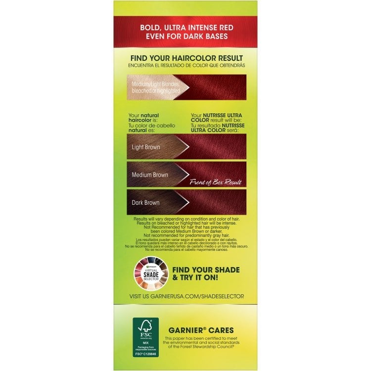 Detail from the back of Garnier Nutrisse Ultra Color instructions showing shade variations on different base hair colors.