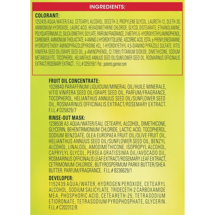 The ingredients list for the colorant, fruit oil concentrate, rinse-out mask, and developer.