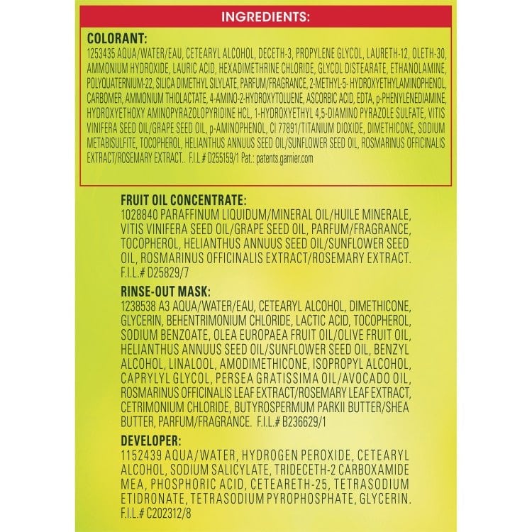 The ingredients list for the colorant, fruit oil concentrate, rinse-out mask, and developer.