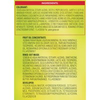 The ingredients list for the colorant, fruit oil concentrate, rinse-out mask, and developer.
