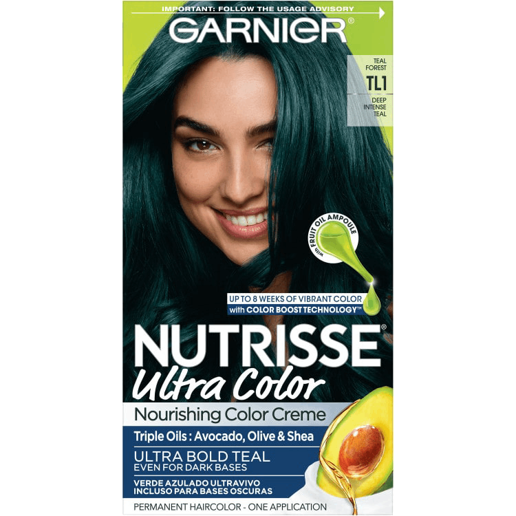 Garnier Nutrisse Ultra Color Nourishing Color Creme in Ultra Bold Teal (TL1) featuring a woman with vibrant teal hair.