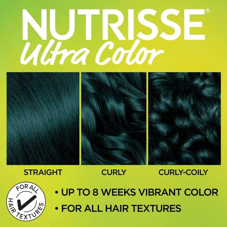Garnier Nutrisse Ultra Color results on straight, curly, and curly-coily hair textures, showcasing the vibrant teal shade.