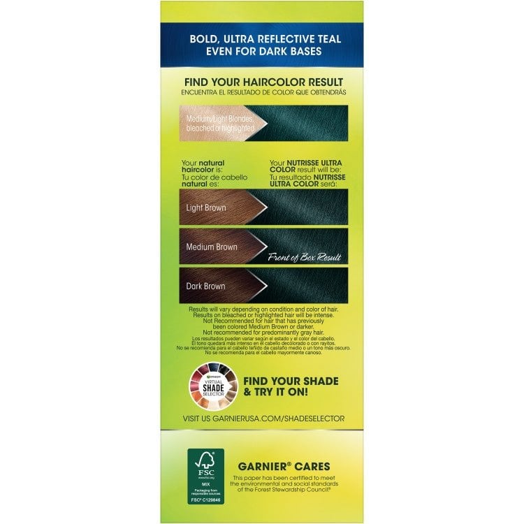 Detail from the back of Garnier Nutrisse Ultra Color instructions showing shade variations on different base hair colors.