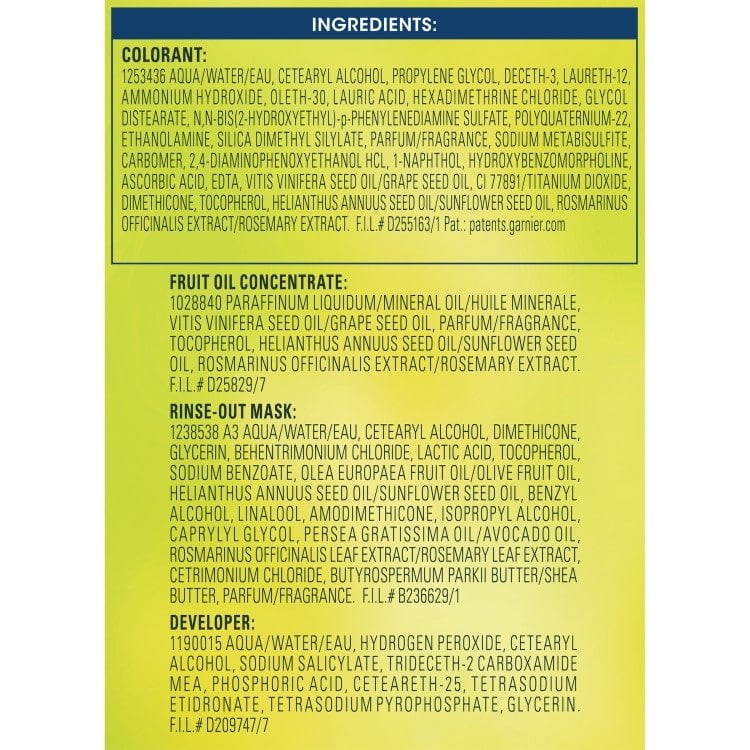 The ingredients list for the colorant, fruit oil concentrate, rinse-out mask, and developer.
