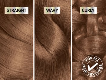 Swatches of straight, wavy, and curly hair in Nutrisse Ultra Color LC1 – High-Lift Light Brown (Salted Caramelo).