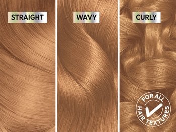 Swatches of straight, wavy, and curly hair in Nutrisse Ultra Color LC2 – High-Lift Dark Blonde (Coconut Flan).