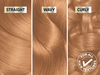 Swatches of straight, wavy, and curly hair in Nutrisse Ultra Color LC3 – High-Lift Blonde (Tres Leches).