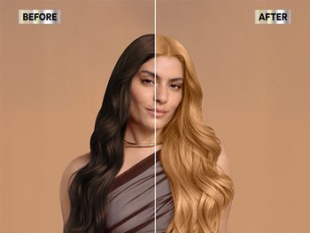 Before & after of woman using LC2 Nutrisse Ultra Color Caramelo Blondes hair dye.