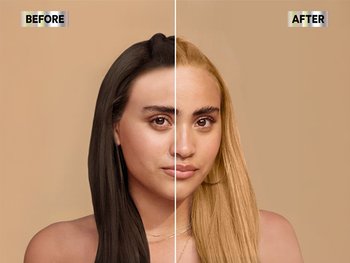 Before & after of woman using LC3 Nutrisse Ultra Color Caramelo Blondes hair dye.