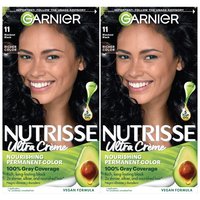 Front view of Garnier Nutrisse Ultra Crème Nourishing Permanent Color. 2 kits are shown in shade 11 Blackest Black. This vegan formula contains 5 fruit oils and offers 100% gray coverage.