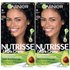 Front view of Garnier Nutrisse Ultra Crème Nourishing Permanent Color. 2 kits are shown in shade 11 Blackest Black. This vegan formula contains 5 fruit oils and offers 100% gray coverage.
