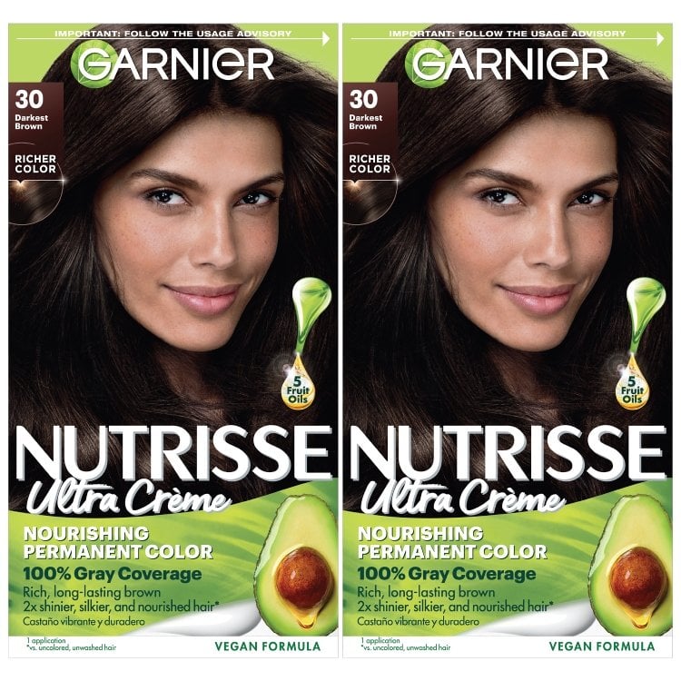 Front view of Garnier Nutrisse Ultra Crème Nourishing Permanent Color. 2 kits are shown in shade 30 Darkest Brown. This vegan formula contains 5 fruit oils and offers 100% gray coverage.