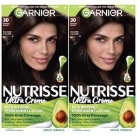 Front view of Garnier Nutrisse Ultra Crème Nourishing Permanent Color. 2 kits are shown in shade 30 Darkest Brown. This vegan formula contains 5 fruit oils and offers 100% gray coverage.