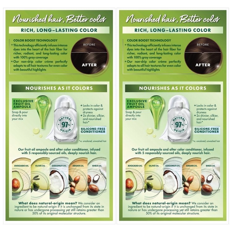 Back view of Garnier Nutrisse Ultra Crème Nourishing Permanent Color. 2 kits are shown in shade 30 Darkest Brown. This vegan formula contains 5 fruit oils and offers 100% gray coverage.