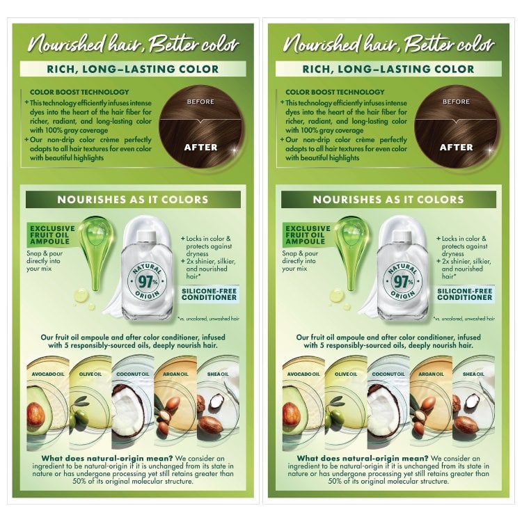 Back view of Garnier Nutrisse Ultra Crème Nourishing Permanent Color. 2 kits are shown in shade 50 Medium Brown Truffle . This vegan formula contains 5 fruit oils and offers 100% gray coverage.