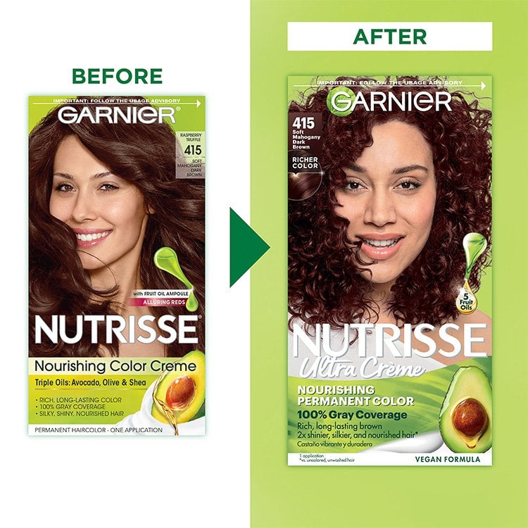 Soft Mahogany Dark Brown Before And After Truffle Dark Brown And Nutrisse Ultra Creme Dark Brown Improved Richer Color - Garnier