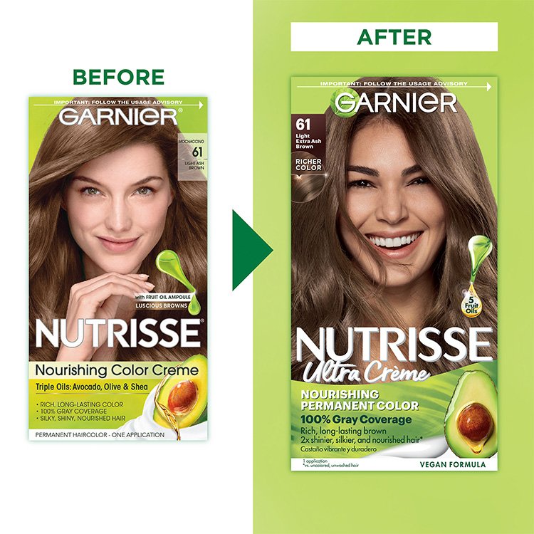 Light Ash Brown Hair Before After Nutrisse Nourish Permanent Color Grey coverage - Garnier