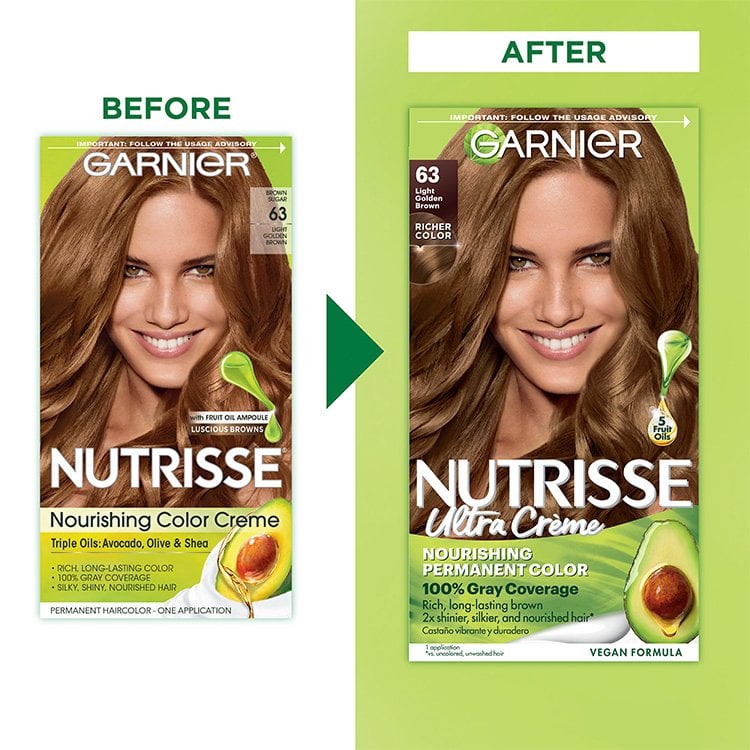 Light Golden Brown Hair Color Before After Nutrisse Nourish Permanent Color Grey coverage - Garnier