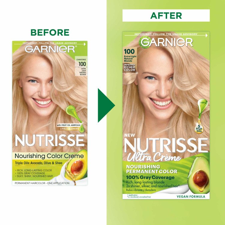 Extra Light Natural Blonde Hair Before and After Nutrisse Nourishing Color Creme Chamomile Nutrisse Ultra Creme - Garnier
