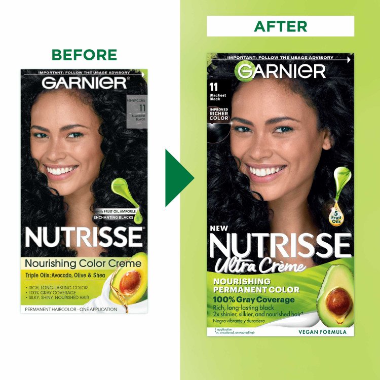 Blackest Black Hair Color Before After Nutrisse Nourish Permanent Color Grey coverage - Garnier