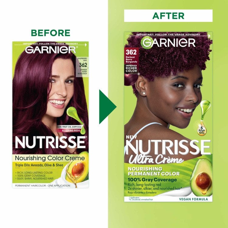 Darkest Berry Burgundy Before and After Raspberry Jam Nutrisse Nourishing Color Creme Nutrisse Ultra Creme - Garnier