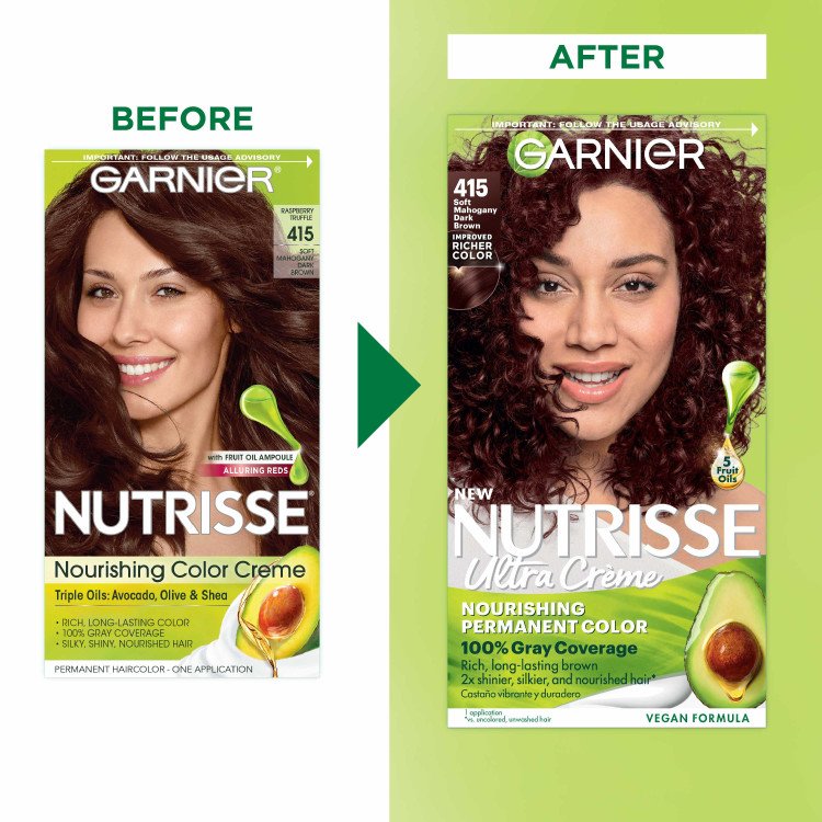 Soft Mahogany Dark Brown Before And After Truffle Dark Brown And Nutrisse Ultra Creme Dark Brown Improved Richer Color - Garnier