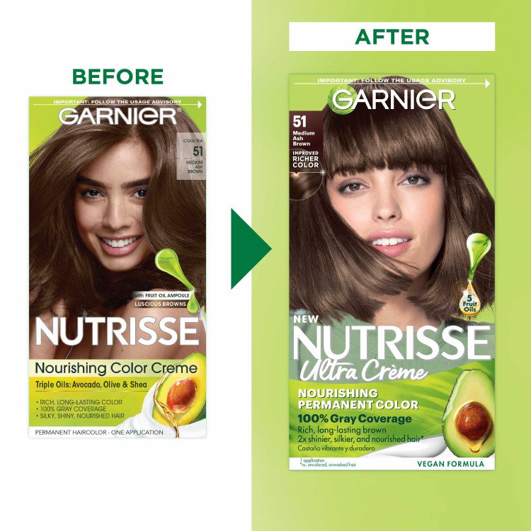 Medium Ash Brown Hair Color Before After Nutrisse Nourish Permanent Black Color Grey coverage - Garnier