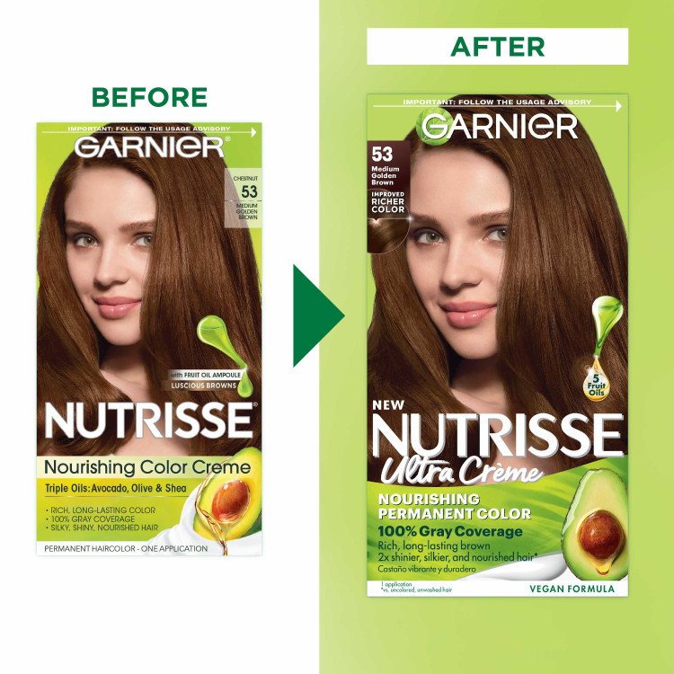 Medium Golden Brown Hair Color Before After Nutrisse Nourish Permanent Black Color Grey coverage - Garnier