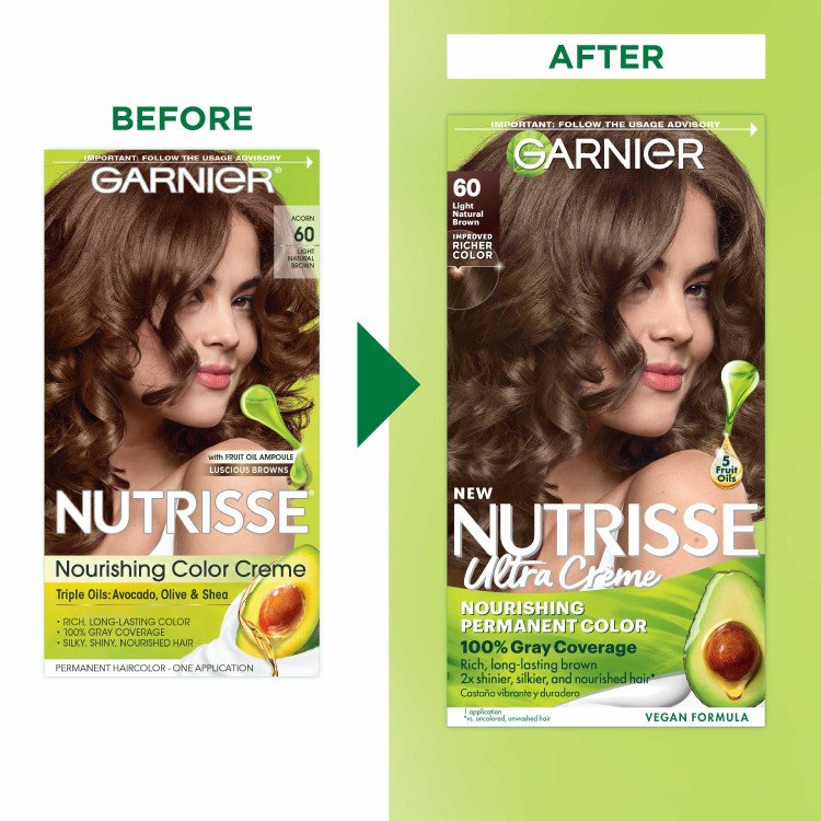 Light Natural Brown Hair Before After Nutrisse Nourish Permanent Color Grey coverage - Garnier