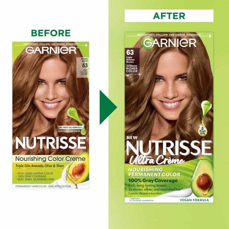 Light Golden Brown Hair Color Before After Nutrisse Nourish Permanent Color Grey coverage - Garnier