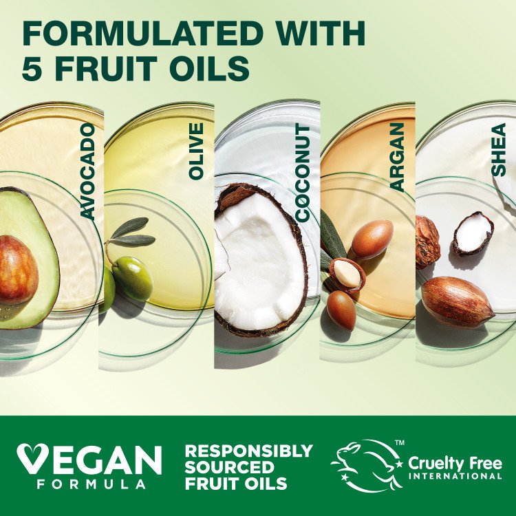 Formulated with 5 Responsibly-Sourced Fruit Oils: Avocado, Olive, Coconut, Argan, and Shea