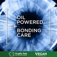 Bold promotional square graphic featuring a vivid blue tie-dye or ink-wash background with soft botanical elements. Large white text reads: "OIL POWERED + BONDING CARE." In the bottom left corner, two certification logos are displayed side by side: Cruelty Free International (leaping bunny) and Vegan (green leaf badge).