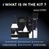 Dark black infographic graphic titled "WHAT IS IN THE KIT?" in bold white and gold text, with a small note reading "Made in a Carbon Neutral Factory." Five Garnier Olia product components are displayed in a flat-lay arrangement — including the Olia-branded tubes, powder, and developer — each labeled beneath with product names: Crème Developer, Bleaching Powder, Lightening Crème, along with Application Gloves and an Instruction Insert (text in English and Spanish noted).