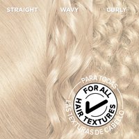 Close-up flat-lay of three bleached, lightened hair texture samples side by side labeled "STRAIGHT," "WAVY," and "CURLY" against a warm beige background. A circular badge overlay reads: "FOR ALL HAIR TEXTURES" with a checkmark icon, communicating that the Garnier Olia Bonding Care Bleach Kit is suitable for all hair types.
