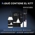 Dark black infographic graphic titled "WHAT IS IN THE KIT?" in bold white and gold text, with a small note reading "Made in a Carbon Neutral Factory." Five Garnier Olia product components are displayed in a flat-lay arrangement — including the Olia-branded tubes, powder, and developer — each labeled beneath with product names: Crème Developer, Bleaching Powder, Lightening Crème, along with Application Gloves and an Instruction Insert (text in English and Spanish noted).