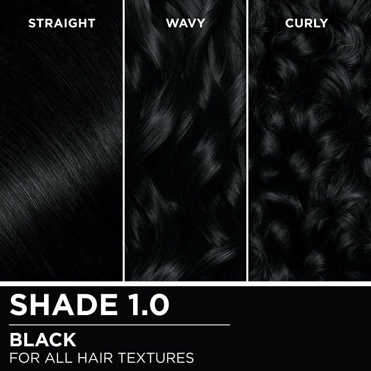 Hair swatches displaying Garnier Olia on straight, wavy, and curly hair textures.
