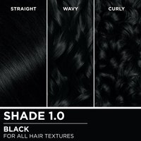 Hair swatches displaying Garnier Olia on straight, wavy, and curly hair textures.