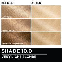 Before and after hair swatches demonstrating the color transformation using Garnier Olia
