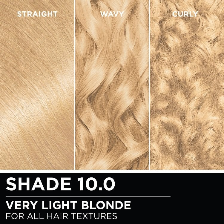 Hair swatches displaying Garnier Olia on straight, wavy, and curly hair textures.