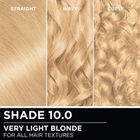 Hair swatches displaying Garnier Olia on straight, wavy, and curly hair textures.