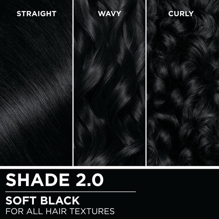 Hair swatches displaying Garnier Olia on straight, wavy, and curly hair textures.