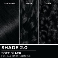 Hair swatches displaying Garnier Olia on straight, wavy, and curly hair textures.