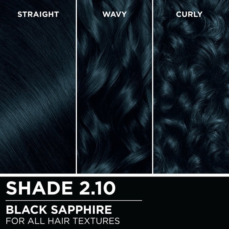 Hair swatches displaying Garnier Olia on straight, wavy, and curly hair textures.