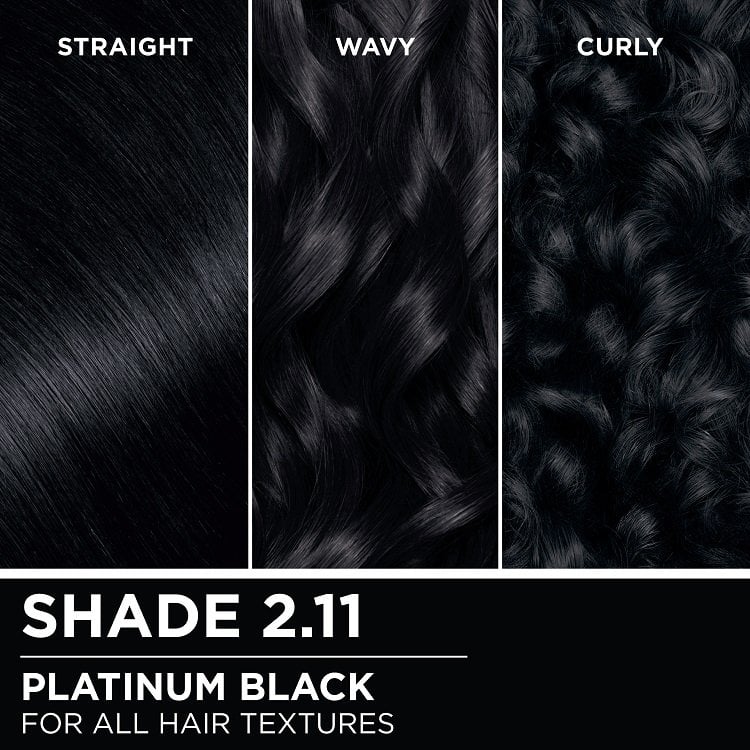 Hair swatches displaying Garnier Olia on straight, wavy, and curly hair textures.