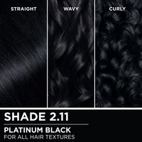 Hair swatches displaying Garnier Olia on straight, wavy, and curly hair textures.